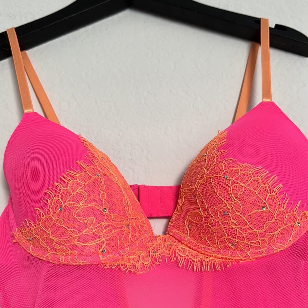 Pink & Orange Trimmed Mesh Teddy Babydoll